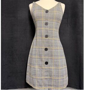 Grey Yellow Plaid Button Front Mini Dress Sleeveless V-Neck A-Line Pinafore